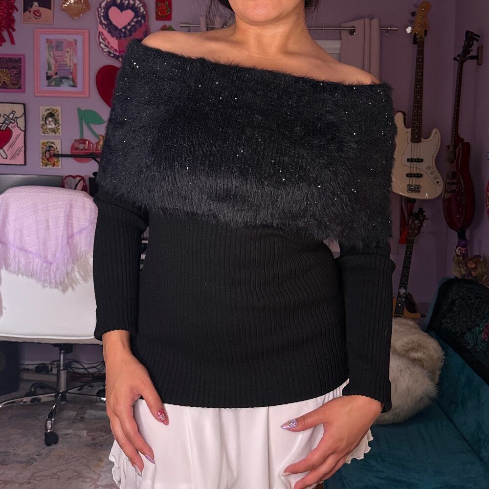 Vintage Y2K black fuzzy off-shoulder blouse
